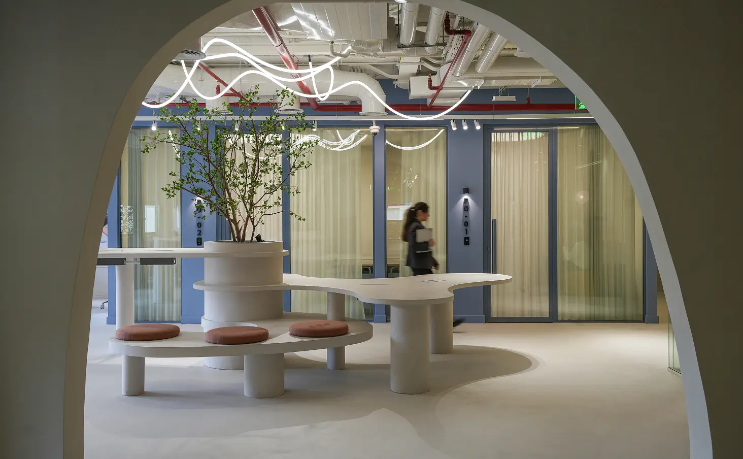 Coworking space with wooden desks