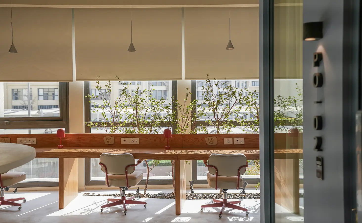 Coworking space with wooden desks